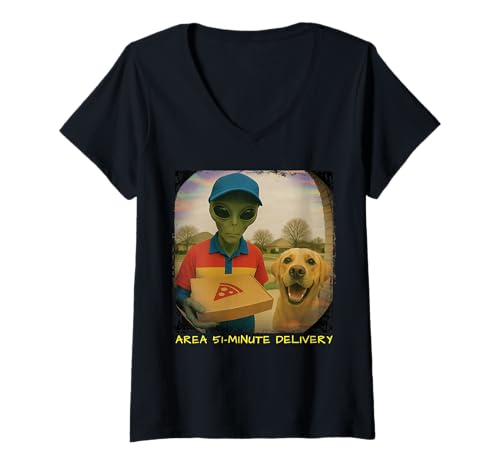 Damen Lustige Alien Pizza Lieferung Labrador Türkamera Halloween T-Shirt mit V-Ausschnitt von Area 51 Minute Delivery