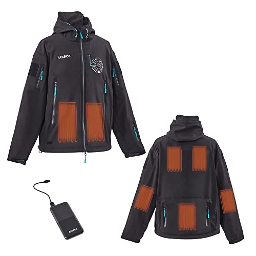 Arebos Wasserdichte Winterjacke | Beheizbare Soft Shell Jacke mit Kapuze Herren 7 Heizzonen & 3 Heizstufen | inkl. Powerbank 10000 mAh TÜV geprüft | Winddicht, maschinenwaschbar | Gr. L von Arebos