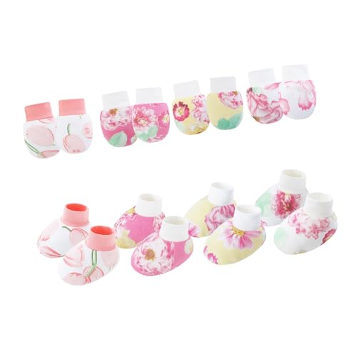Arecobticy 4 Stück Set Baby Handschuhe & Socken Fußabdeckungen für Neugeborene bis 6 Monate mit Cartoon-Muster Sanfter Baumwollstoff Neugeborene Geschenkset, Set 3, Einheitsgröße von Arecobticy