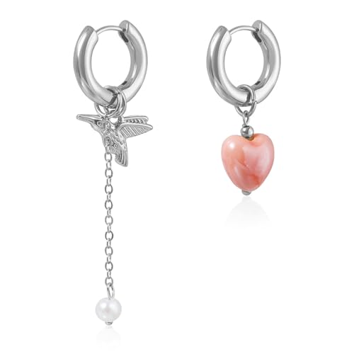 Moderne, nicht übereinstimmende Herz-Vogel-Ohrringe, kreativer geometrischer Schmuck, hypoallergen, Metall-Ohr-Accessoires, trendige, nicht übereinstimmende Ohrringe, Einheitsgröße, Wie beschrieben von Arecobticy