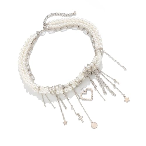 Modische Quasten-Herz-Anhänger-Halskette mit Imitationsperlen und Metallkette, moderne Halskette, Geschenk für Frauen, Imitationsperlen, Einheitsgröße, Wie beschrieben, Wie beschrieben von Arecobticy