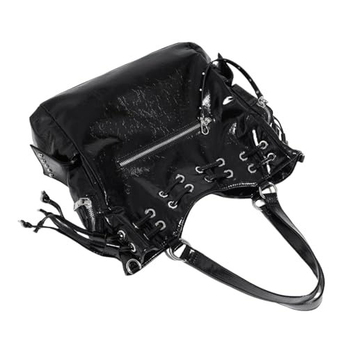 Modische große Unterarmtasche mit Nieten-Design Kordelzug Crossbody Taschen Damen Leder Handtaschen für den täglichen Gebrauch Bowling Umhängetasche, Schwarz , One Size von Arecobticy
