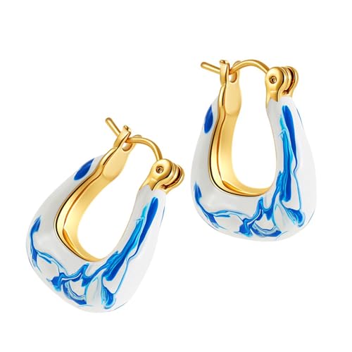 Ohrclip aus recycelbaren Materialien, blaues Blumenmuster, geprägtes Kupfer, schnellerer Abbau, formelles Baumel-Accessoire, stabile blaue und weiße Keramik-Clips, Einheitsgröße, Wie beschrieben, Wie von Arecobticy