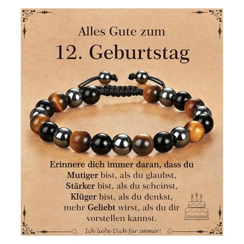 12 geburtstag junge Armband Geschenke für 12 Jährige Jungen Tigerauge Schwarzer Obsidian Hämatit Armband Geschenk zum Geburtstag für Jungs Sohn Enkel Neffen Bruder deko 12.jahre geburtstag junge von Aretas