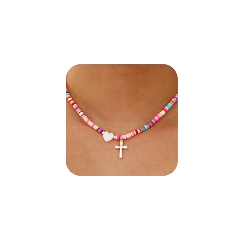Bunte Perlenkette kreuz kette für Teenager Mädchen Damen Frauen Handgefertigt Boho Perlen Buchstaben KreuzKette Damen Silve Anhänger Halskette Schmuck Geschenke von Aretas