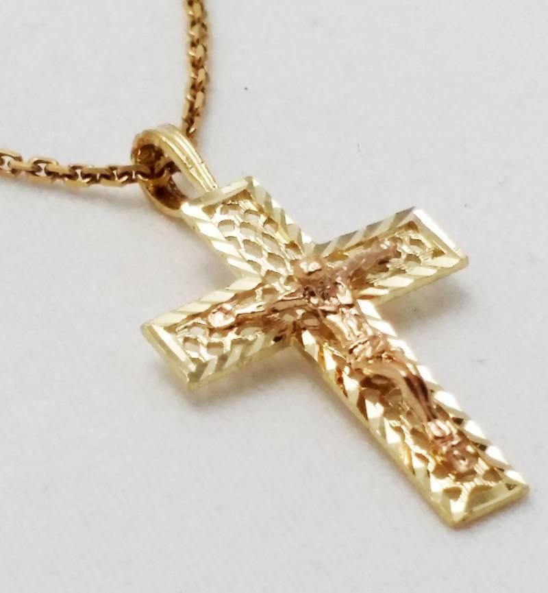 14K Zweifarbiger Kreuzanhänger, Kruzifixanhänger von ArevGold