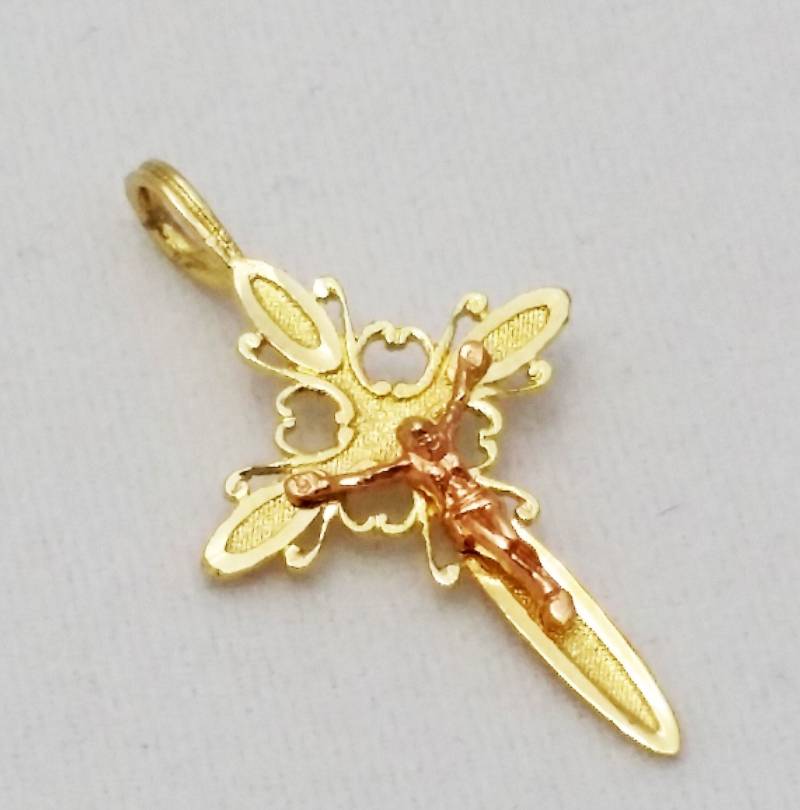 14K Zweifarbiger Kreuzanhänger, Kruzifixanhänger von ArevGold