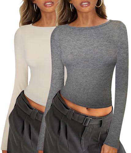 Arevill 2er Pack Damen Langarmshirt U-Boot AusschnittSlim Fit Rundhals Stretch Pullover Basic Einfarbig/Gestreift Crop Oberteile von Arevill