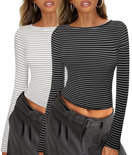 Arevill 2er Pack Damen Langarmshirt U-Boot AusschnittSlim Fit Rundhals Stretch Pullover Basic Einfarbig/Gestreift Crop Oberteile von Arevill