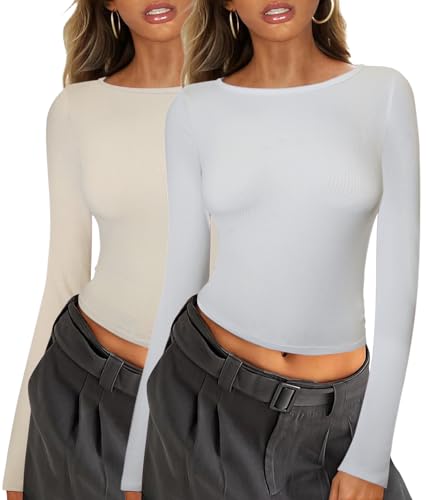 Arevill 2er Pack Damen Langarmshirt U-Boot AusschnittSlim Fit Rundhals Stretch Pullover Basic Einfarbig/Gestreift Crop Oberteile von Arevill