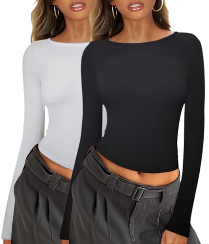 Arevill 2er Pack Damen Langarmshirt U-Boot AusschnittSlim Fit Rundhals Stretch Pullover Basic Einfarbig/Gestreift Crop Oberteile von Arevill