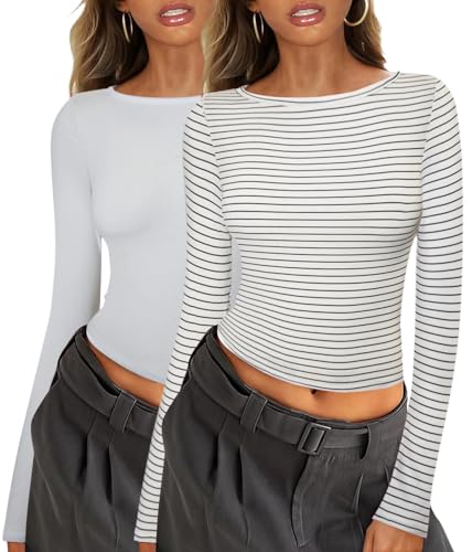Arevill 2er Pack Damen Langarmshirt U-Boot AusschnittSlim Fit Rundhals Stretch Pullover Basic Einfarbig/Gestreift Crop Oberteile von Arevill