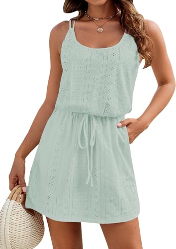 Arevill Damen Bikini Cover Up Spaghetti Ärmellose Strandkleid U Ausschnitt Tunnelzug Häkelt Boho Strandponcho Sommer Bademode Strand Crochet mit Taschen von Arevill