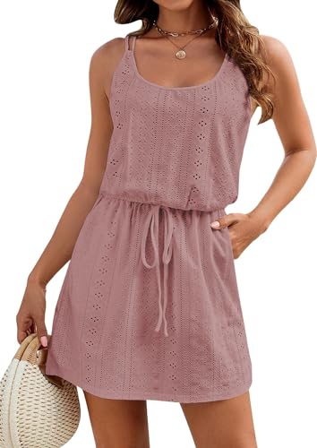Arevill Damen Bikini Cover Up Spaghetti Ärmellose Strandkleid U Ausschnitt Tunnelzug Häkelt Boho Strandponcho Sommer Bademode Strand Crochet mit Taschen von Arevill