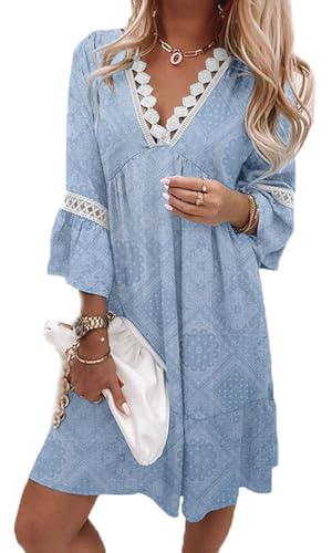 Arevill Damen Bohemian Tunika Kleid Strandkleid Sommerkleider Blumen 3/4-Arm MiniKleid Lose Freizeitkleid Tunikakleider von Arevill