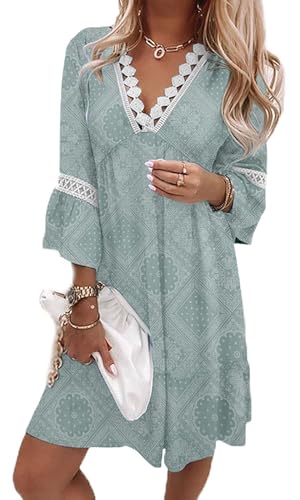 Arevill Damen Bohemian Tunika Kleid Strandkleid Sommerkleider Blumen 3/4-Arm MiniKleid Lose Freizeitkleid Tunikakleider von Arevill