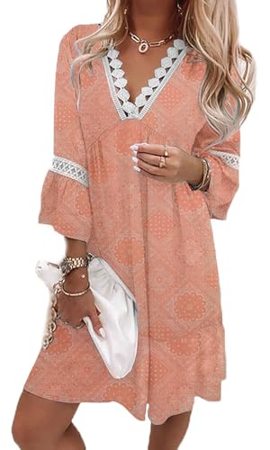 Arevill Damen Bohemian Tunika Kleid Strandkleid Sommerkleider Blumen 3/4-Arm MiniKleid Lose Freizeitkleid Tunikakleider von Arevill