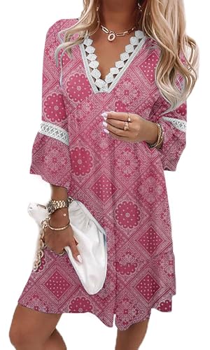 Arevill Damen Bohemian Tunika Kleid Strandkleid Sommerkleider Blumen 3/4-Arm MiniKleid Lose Freizeitkleid Tunikakleider von Arevill