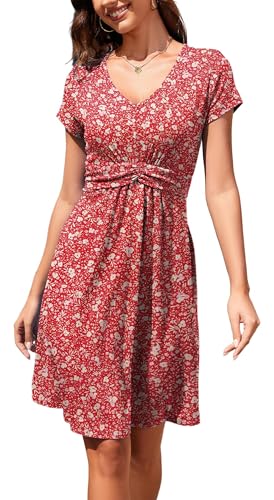 Arevill Damen Sommerkleid V-Ausschnitt Kurzarm Knielang A-Linie Freizeitkleider mit Verstellbarem Taillenband von Arevill
