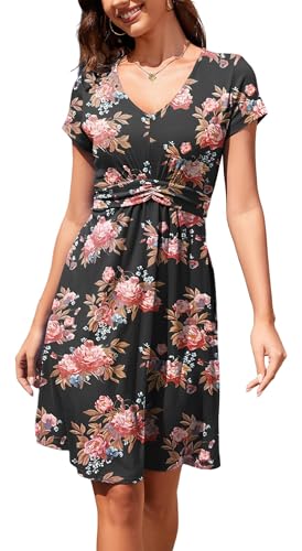 Arevill Damen Sommerkleid V-Ausschnitt Kurzarm Knielang A-Linie Freizeitkleider mit Verstellbarem Taillenband von Arevill
