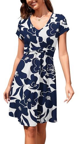 Arevill Damen Sommerkleid V-Ausschnitt Kurzarm Knielang A-Linie Freizeitkleider mit Verstellbarem Taillenband von Arevill