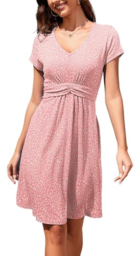 Arevill Damen Sommerkleid V-Ausschnitt Kurzarm Knielang A-Linie Freizeitkleider mit Verstellbarem Taillenband von Arevill