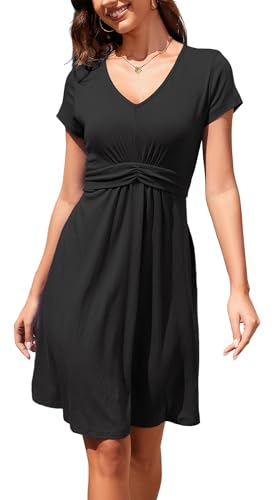 Arevill Damen Sommerkleid V-Ausschnitt Kurzarm Knielang A-Linie Freizeitkleider mit Verstellbarem Taillenband von Arevill