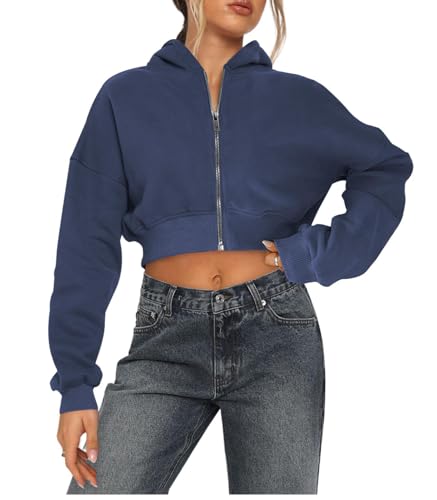 Arevill Damen Sweatjacke Bauchfrei Kapuzenpullover Langarm Kurz Hoodie Sweatshirt Crop Kapuzenjacke von Arevill