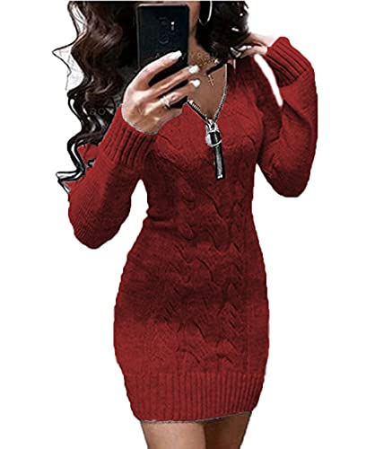Arevill Damen Winter Jumper Warm Strick Kleider Longpullover Mini Enges Kleid,A-Weinrot,M von Arevill