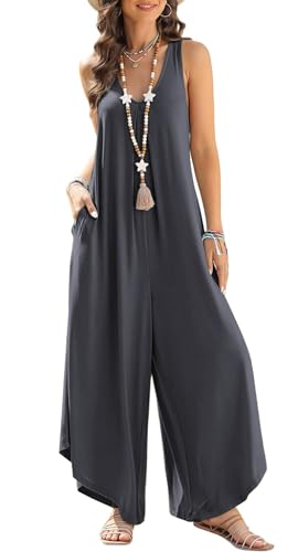 Arevill Jumpsuit Damen Sommer Lang Elegant Mode Overall Hawaii Urlaub Strand V-Ausschnitt Hosenanzug Lose Lang Romper mit Taschen von Arevill