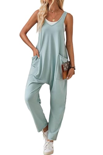 Arevill Jumpsuit Damen Sommer Latzhose Lose Overall Ärmellos Lang Hosenanzug Romper Weites Bein Hose Playsuit mit Taschen von Arevill