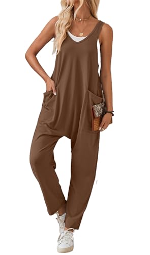 Arevill Jumpsuit Damen Sommer Latzhose Lose Overall Ärmellos Lang Hosenanzug Romper Weites Bein Hose Playsuit mit Taschen von Arevill