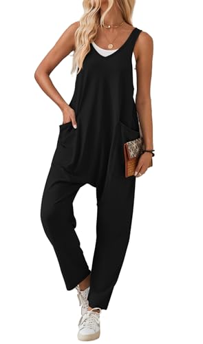 Arevill Jumpsuit Damen Sommer Latzhose Lose Overall Ärmellos Lang Hosenanzug Romper Weites Bein Hose Playsuit mit Taschen von Arevill