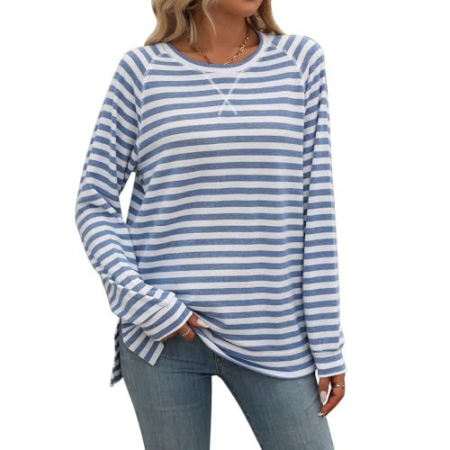 Arevill Loose Langarmshirt Damen Rundhalsausschnitt Locker Gestreift Shirt von Arevill