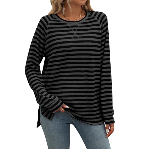 Arevill Loose Langarmshirt Damen Rundhalsausschnitt Locker Gestreift Shirt von Arevill