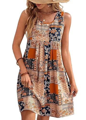 Arevill Sommerkleid Damen Leicht Boho Tank Kleid Ärmellos Rundhals Blumen Lässige Strandkleid Freizeitkleid Minikleider von Arevill