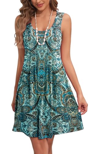Arevill Sommerkleid Damen Leicht Boho Tank Kleid Ärmellos Rundhals Blumen Lässige Strandkleid Freizeitkleid Minikleider von Arevill
