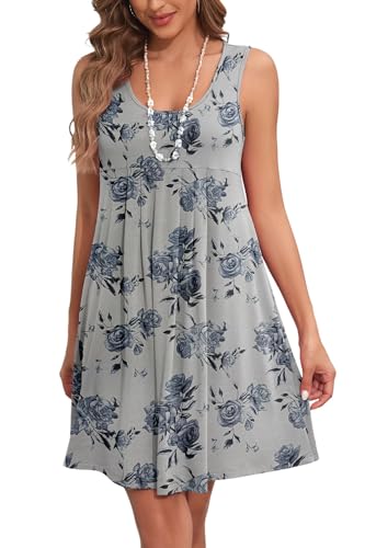 Arevill Sommerkleid Damen Boho Tank Kleid Ärmellos Rundhals Blumen Lässige Strandkleid Freizeitkleid Minikleider von Arevill