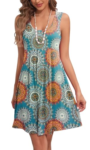 Arevill Sommerkleid Damen Leicht Boho Tank Kleid Ärmellos Rundhals Blumen Lässige Strandkleid Freizeitkleid Minikleider von Arevill