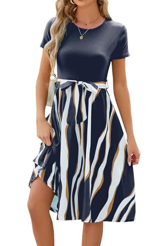 Arevill Sommerkleid Damen Knielang Kurzarm Gestreifte Kleider Elegant Casual Minikleid Strandkleid Lässig Freizeitkleid mit Gürtel von Arevill