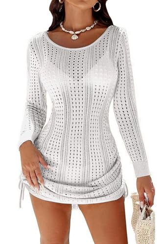 Arevill Strandkleid Damen Badeanzug Bikini Cover Up Kurze Kleid Gestrickte Sexy Cutout Crochet Boho Strand Tunika Bikini Beachwear Cover-Ups für Sommerstrand Bademode von Arevill