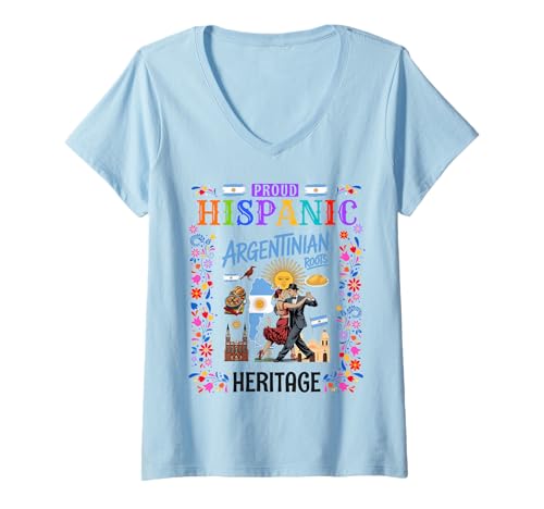 Damen Argentinische Flagge, Idee für Frauen, argentinisches hispanisches Erbe T-Shirt mit V-Ausschnitt von Argentina Flag Hispanic Accessories Ideas For Kids