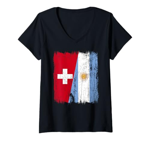 Damen Schweiz Argentinien Halbflagge Schweiz Argentinische Wurzeln T-Shirt mit V-Ausschnitt von Argentine Republic Design Argentina Flag