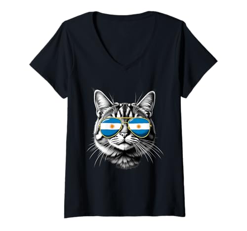 Damen Argentinien Flagge Katze Gesicht Sonnenbrille Argentinische Flagge T-Shirt mit V-Ausschnitt Damen Argentinien Flagge Katze Gesicht Sonnenbrille Argentinische Flagge T-Shirt mit V-Ausschnitt von Argentinian Flag Designs