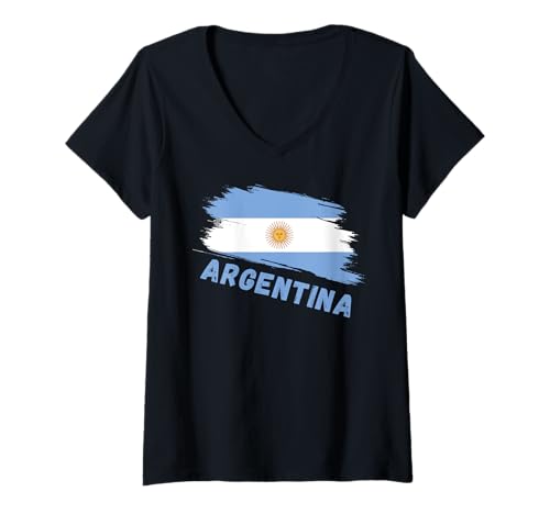 Damen Argentinien Pride blau-weiße Flagge T-Shirt mit V-Ausschnitt von Argentinian National Symbol Heritage