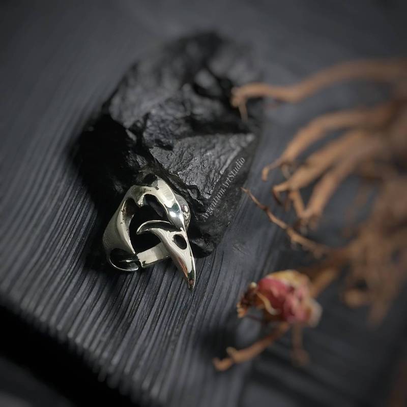 Mittelalter Ring 925 Sterlingsilber Hexenring Krähe Rabe Odins Okkulter Schmuck Biker Schädel von ArgentumArtStudio