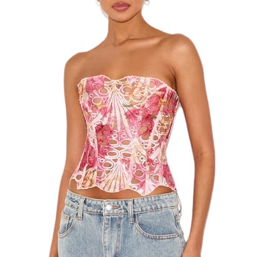 Damen Spitzen-Bustier Korsett Tops Y2K Knoed Mesh trägerloses Schlauch-Top Floral Overbust Crop Top Party Clubwear, Rot/Ausflug, einfarbig (Getaway Solids), Large von Argeousgor