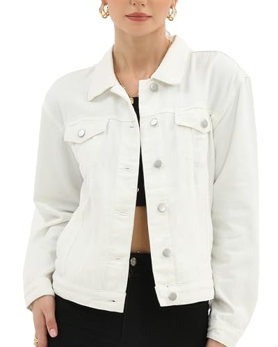 Argstar Damen Denim Jeans Jacken Knopfleiste Langarm Basic Trendy Stretch Trucker Jacke, Weiss/opulenter Garten, L von Argstar