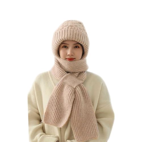 Argumub Integrierter Gehörschutz Winddichte Mütze Schal 2 in 1 Winterschal Mütze Damen Verdickter Warmer Einteiliger Hutschal (DE/NL/SE/PL, Alphanumerisch, Einheitsgröße, Beige) von Argumub