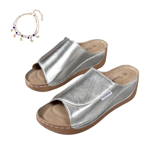 Argumub Orthopädische Sandalen Damen, Ergonomische Und Rutschfeste Keilsandalen, Strandhausschuhe Mit Offenen Zehen Mit Fischmaul (Silber, Erwachsene, 40, Numerisch, EU Schuhgrößensystem, M) von Argumub
